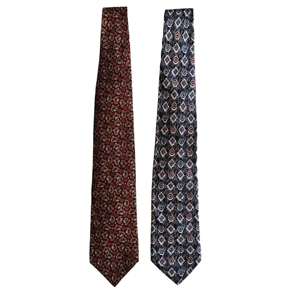 Lands' End‎ Men's Ties Set Of Two 100% Silk Neck Ties Paisley Blue Burgundy EUC